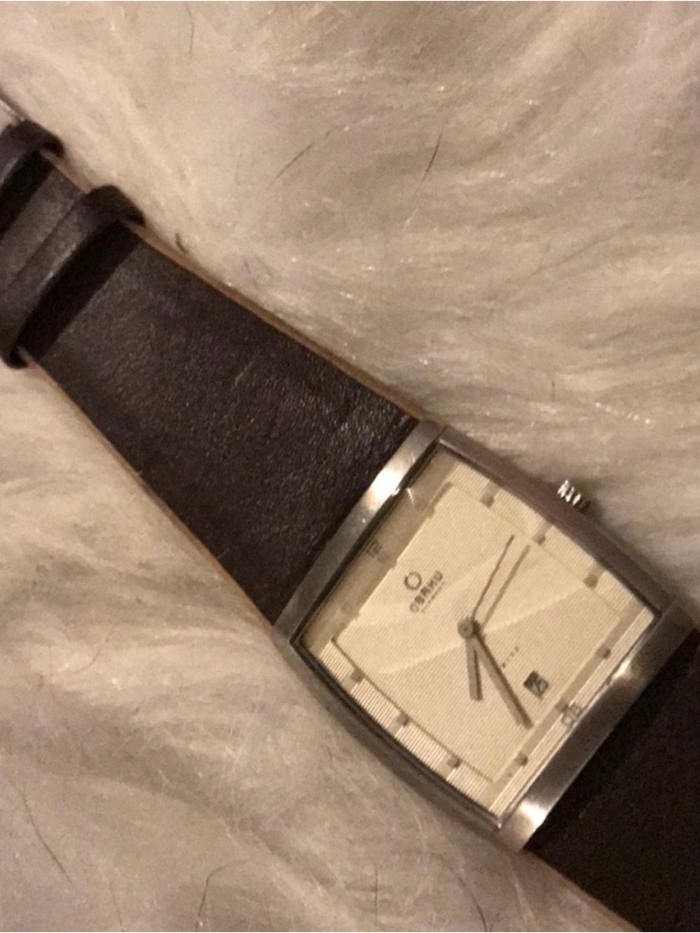Classic Men's Rectangular Silver Case Beige Dial Brown Leather Watch